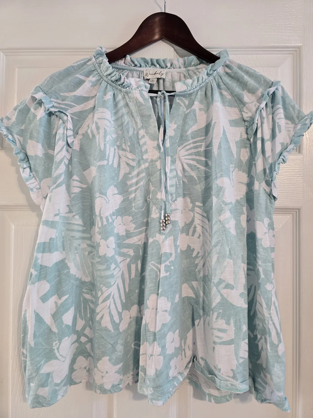 Wonderly Aqua Floral Tie-Front Ruffle Sleeve Tunic